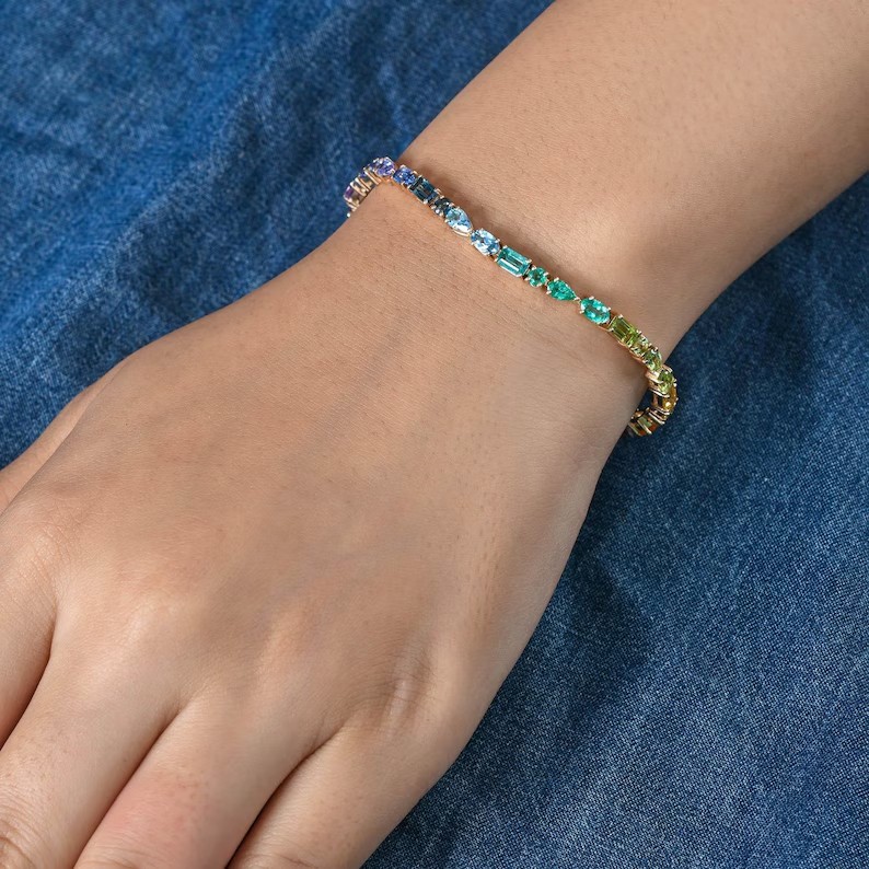 Multi Shape Rainbow Gemstone Tennis Bracelet In 14K Yellow Gold Handmade Jewelry