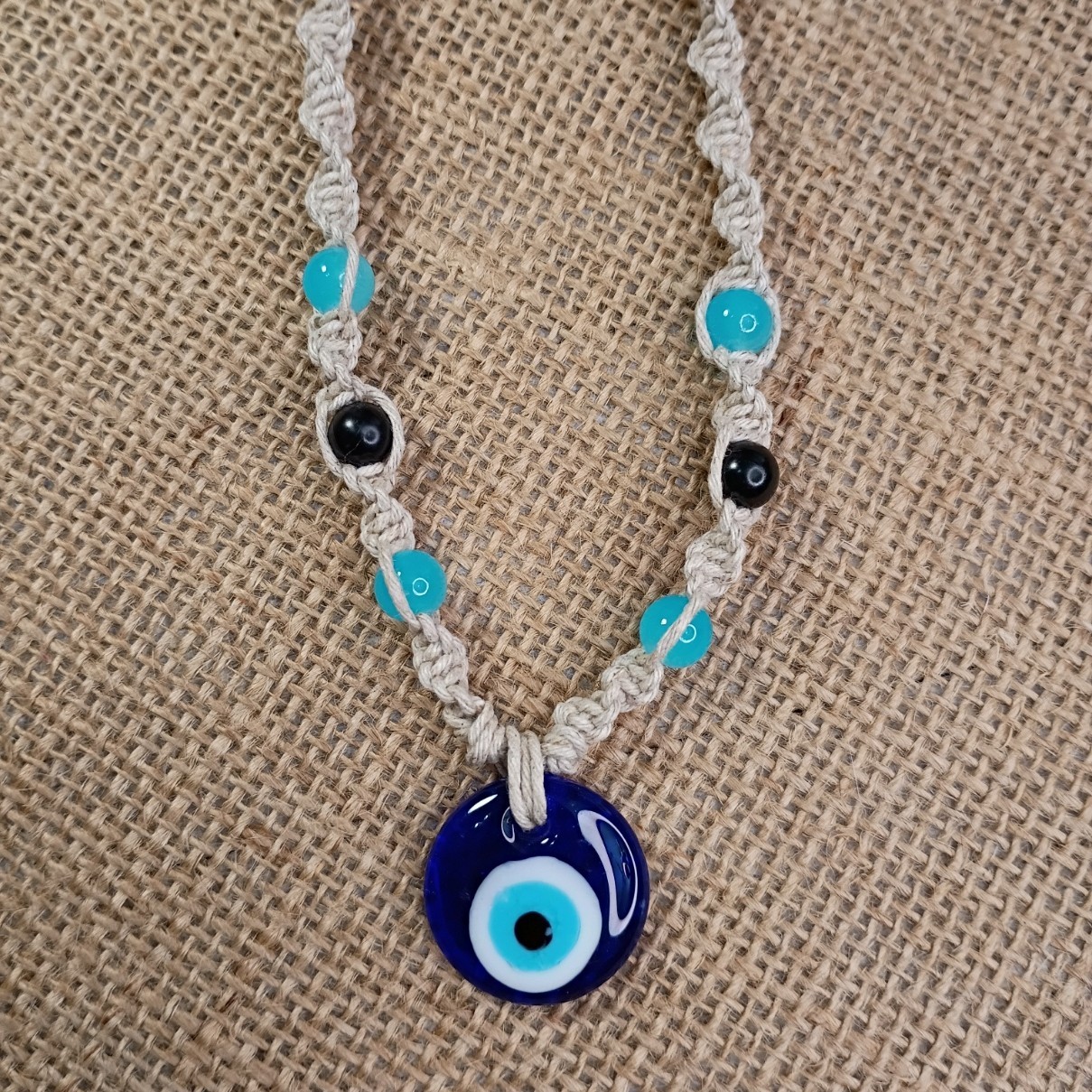 Natural Hemp Necklace w/ Evil Eye Charm & Beads, 18-23 inch Ready to Ship
