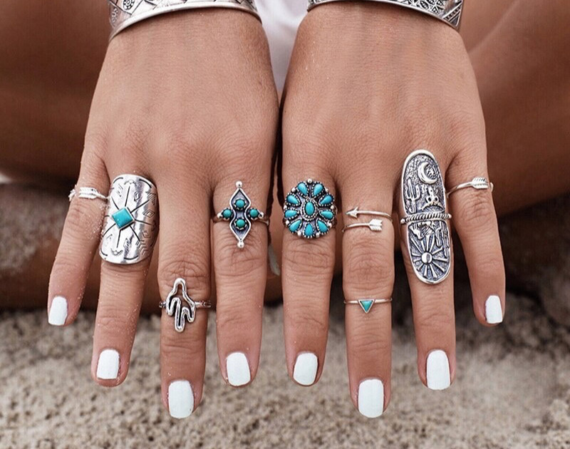 Bohemian 9 PC Ring Lot Ring Popular Silver Tone Boho Rings Set NEW