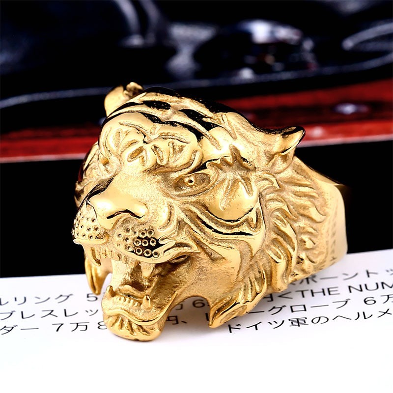 Vintage Gold Plated Tiger Head Ring Stainless Steel Men’s Biker Cool Ring Gift