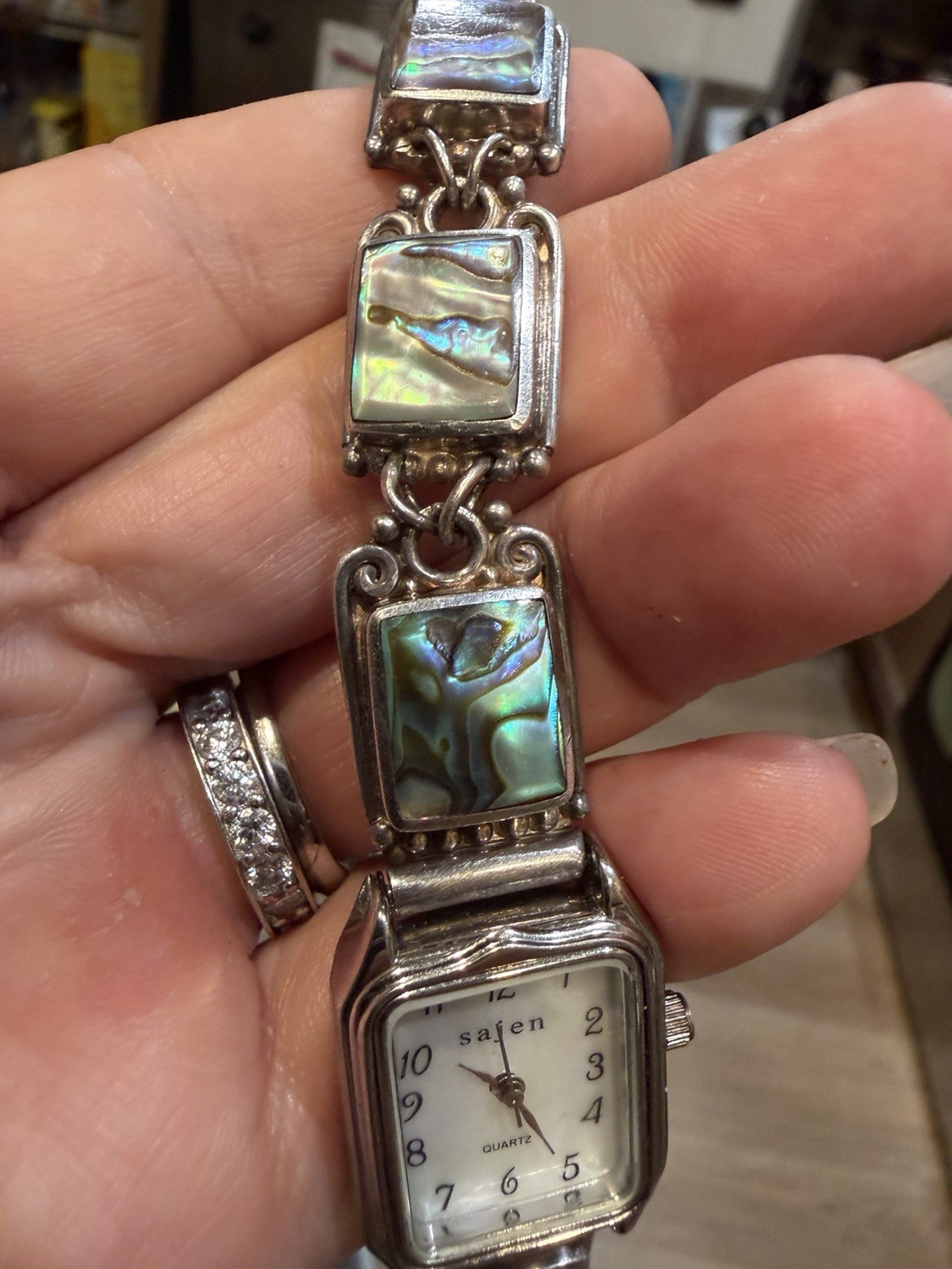 Sajen Quartz Abalone Link Bracelet Watch 925 Silver Rectangle White Dial