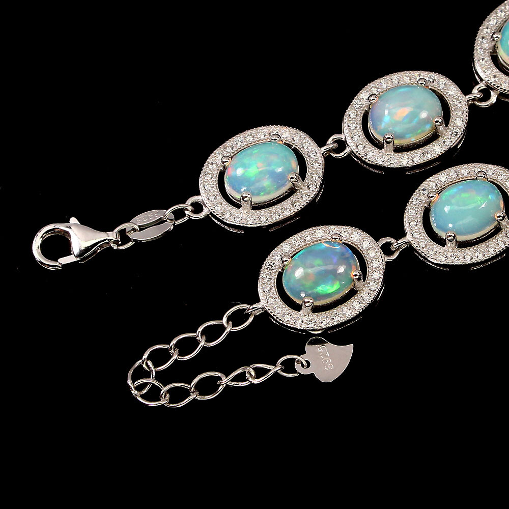 Unheated Oval Rainbow Fire Opal 7x5mm Cz 925 Sterling Silver Bracelet 9 Inchrs