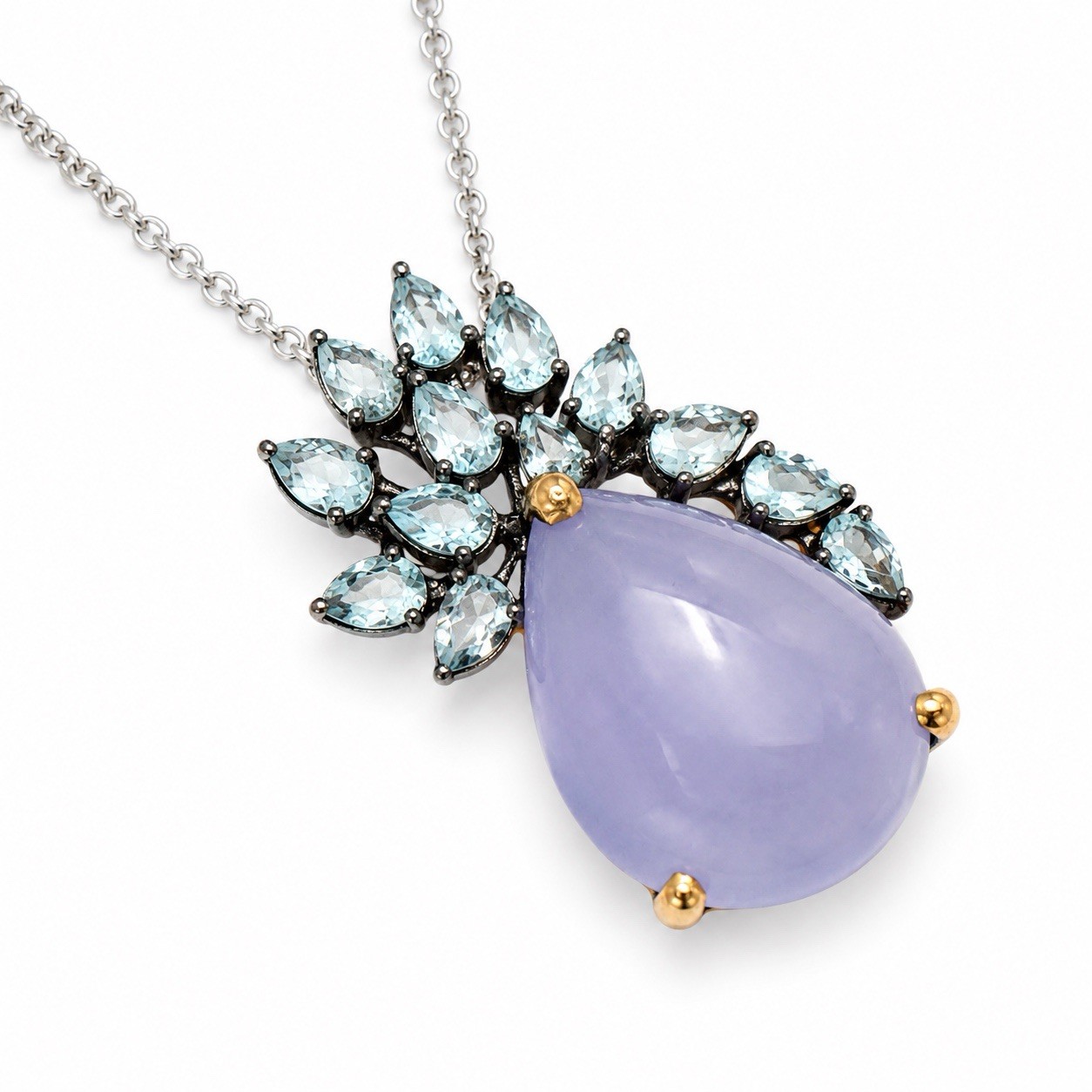 925 Sterling Lavender Chalcedony 18” Necklace Floral Blue Gemstone Pendant