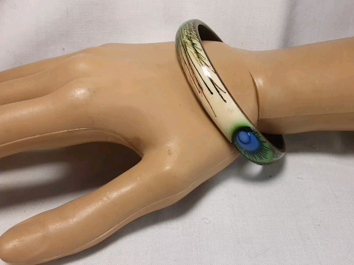 Bracelet Brass Hand Painted Enamel Peacock Feather Blue Green Bangle 3/8″ Wide