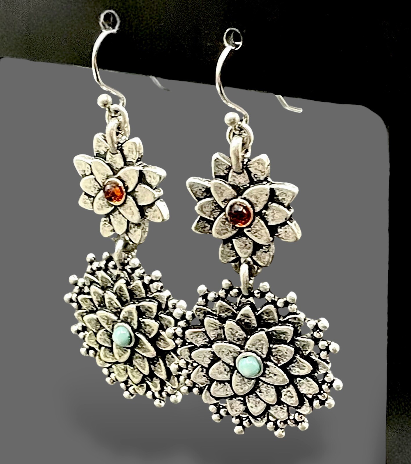 Double LOTUS DANGLE EARRINGS Boho Silver Tone Faux Turquoise Amber EUC🔥!SALE!🔥