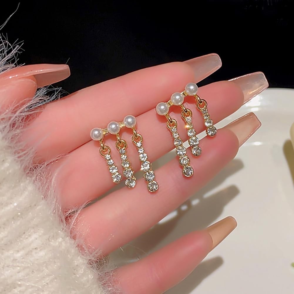 Pearl Crystal Tassel Earrings for Women Trendy Round Pearl Stud Earring Gli – 02