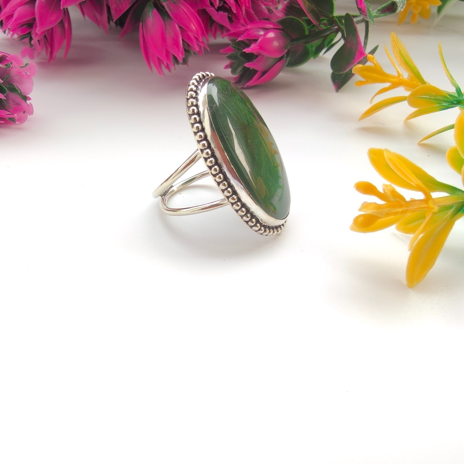 Green Jade Oval Stone Gemstone 925 Silver Handmade Statement Ring Jewelry