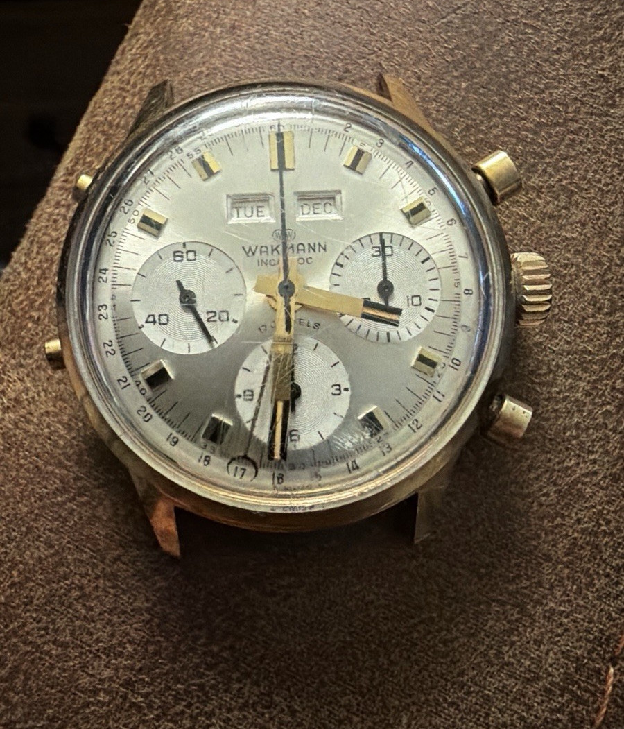 Wakmann Incabloc Manual Chronograph Day/Date 17J Gold Case 36-39mm