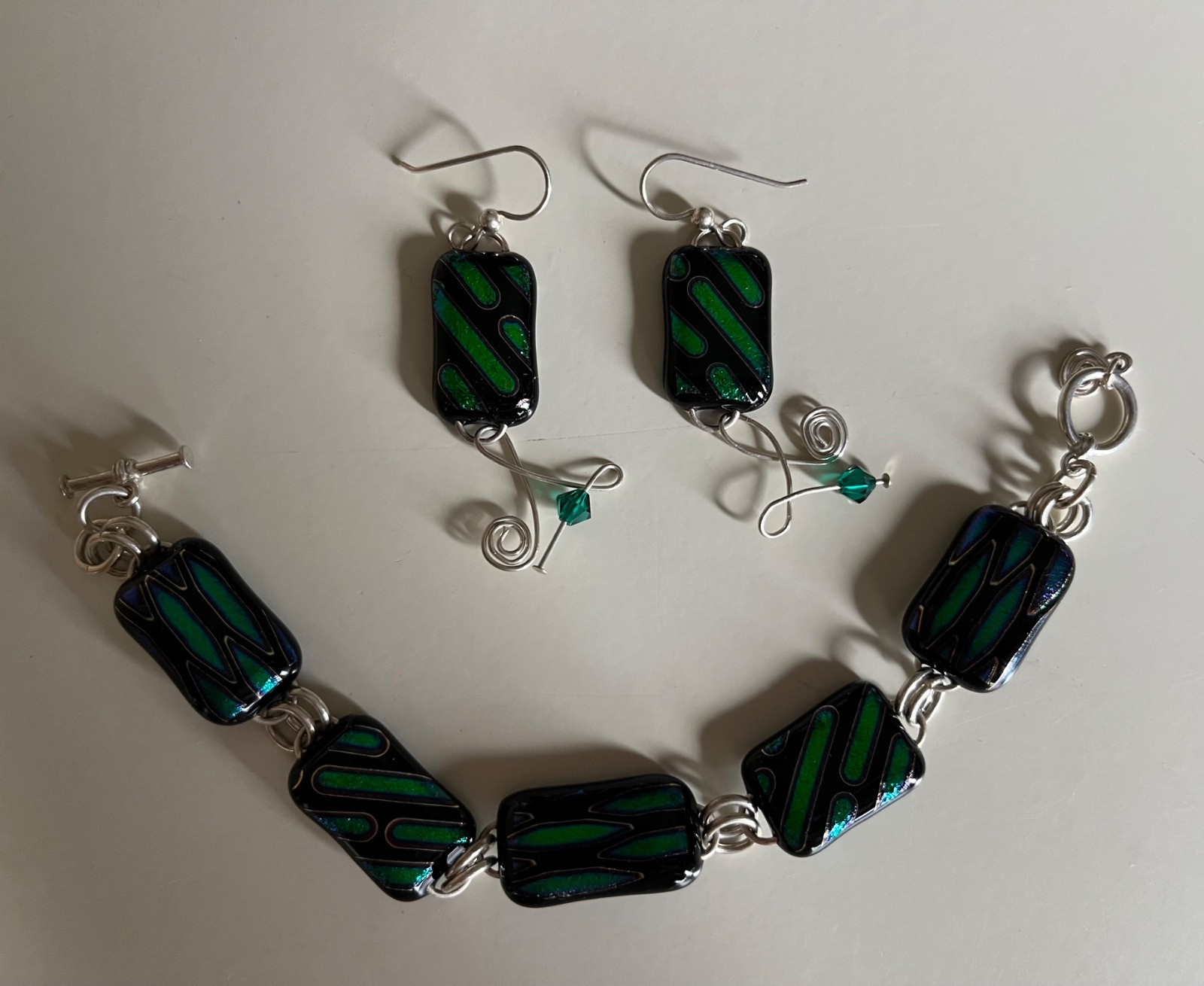 Sterling Silver Handmade GREEN/BLACK Metallic BRACELET Pierced EARRINGS Set