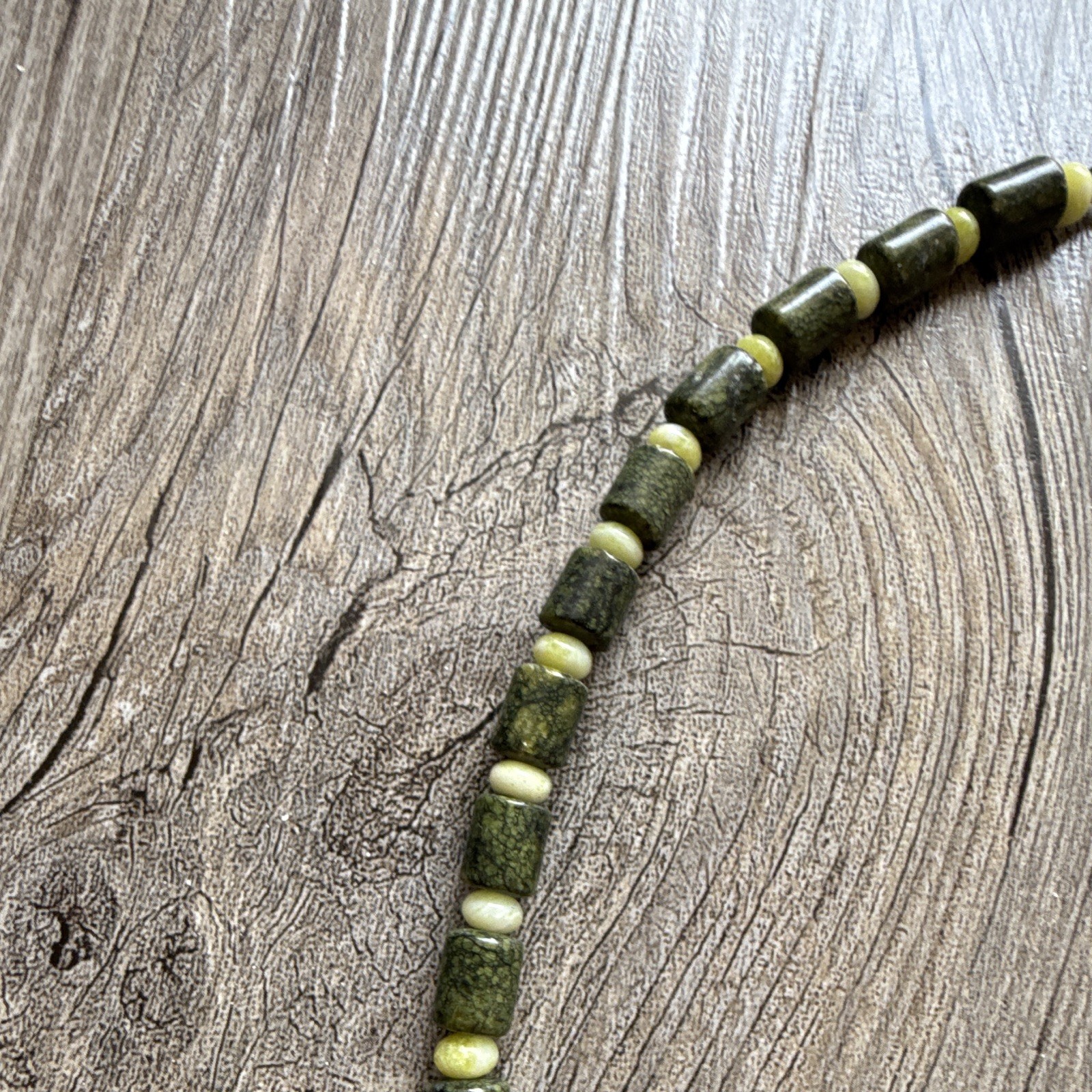 Green serpentine and Yellow Jade beaded necklace with silver lobster claw