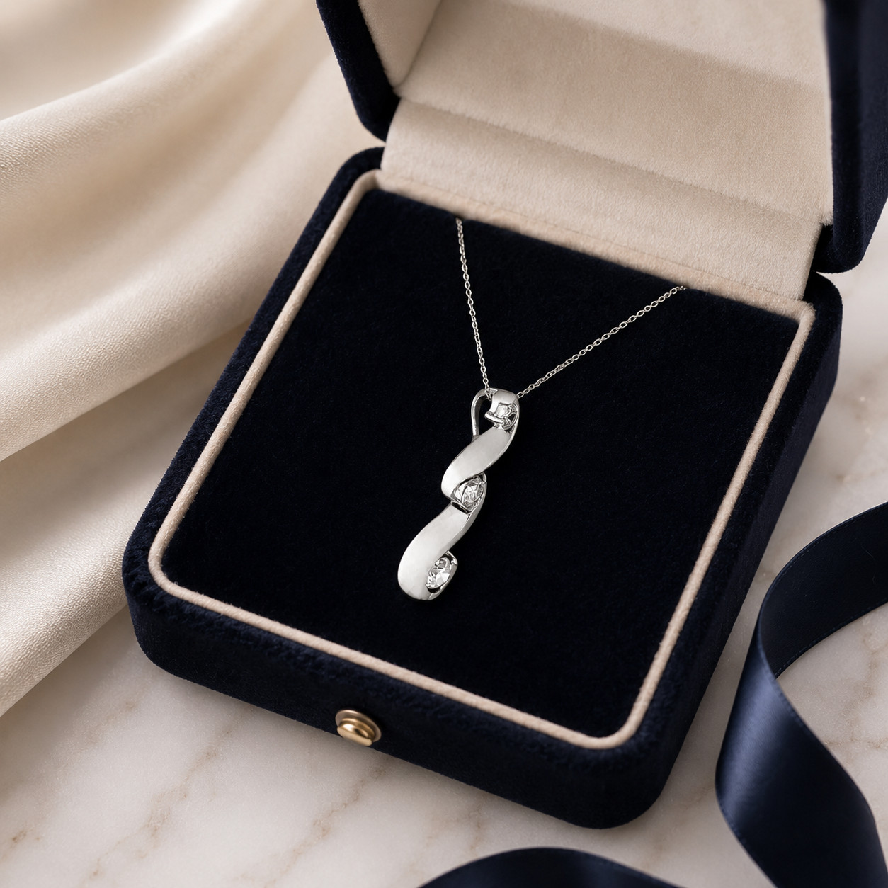 Natural Diamond Three Stone Pendant Cocktail Necklace – 14K White Gold