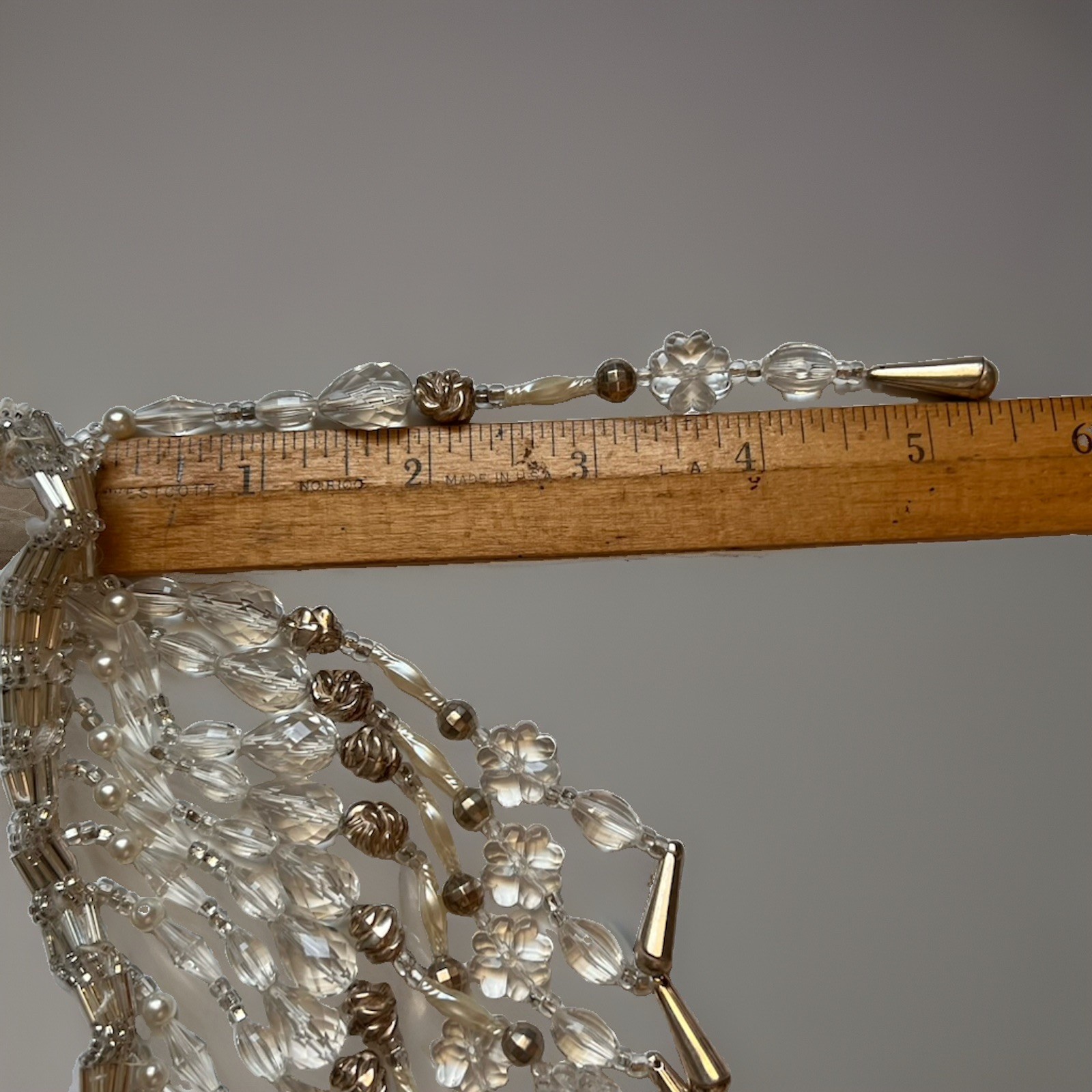 Clear Crystal Beaded Collar Bib Necklace Metallic Silver Teardrop Fringe Craft