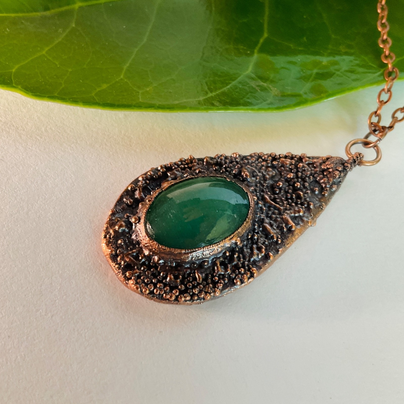 Copper Necklace Jade Gem Stone Handmade Jewelry Pendant 18” Chain Metal Teardrop