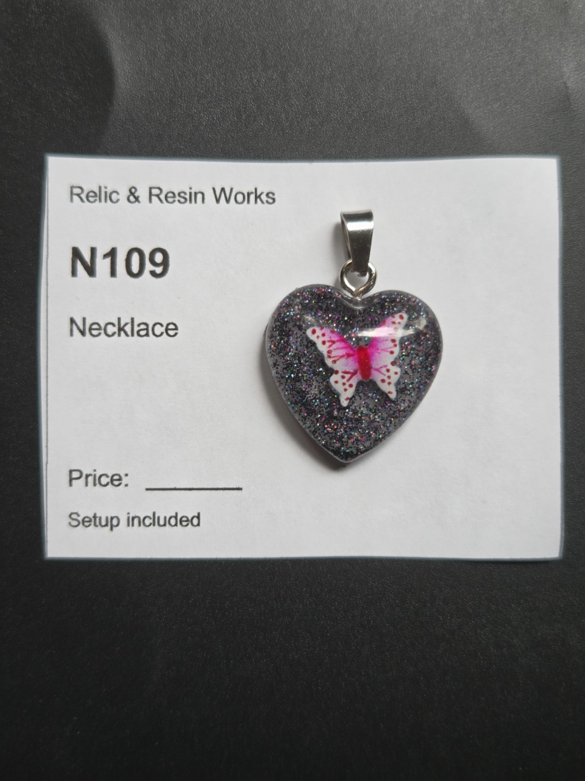 OOAK Handmade Butterfly Heart Resin Pendant Necklace Pink Glitter N109