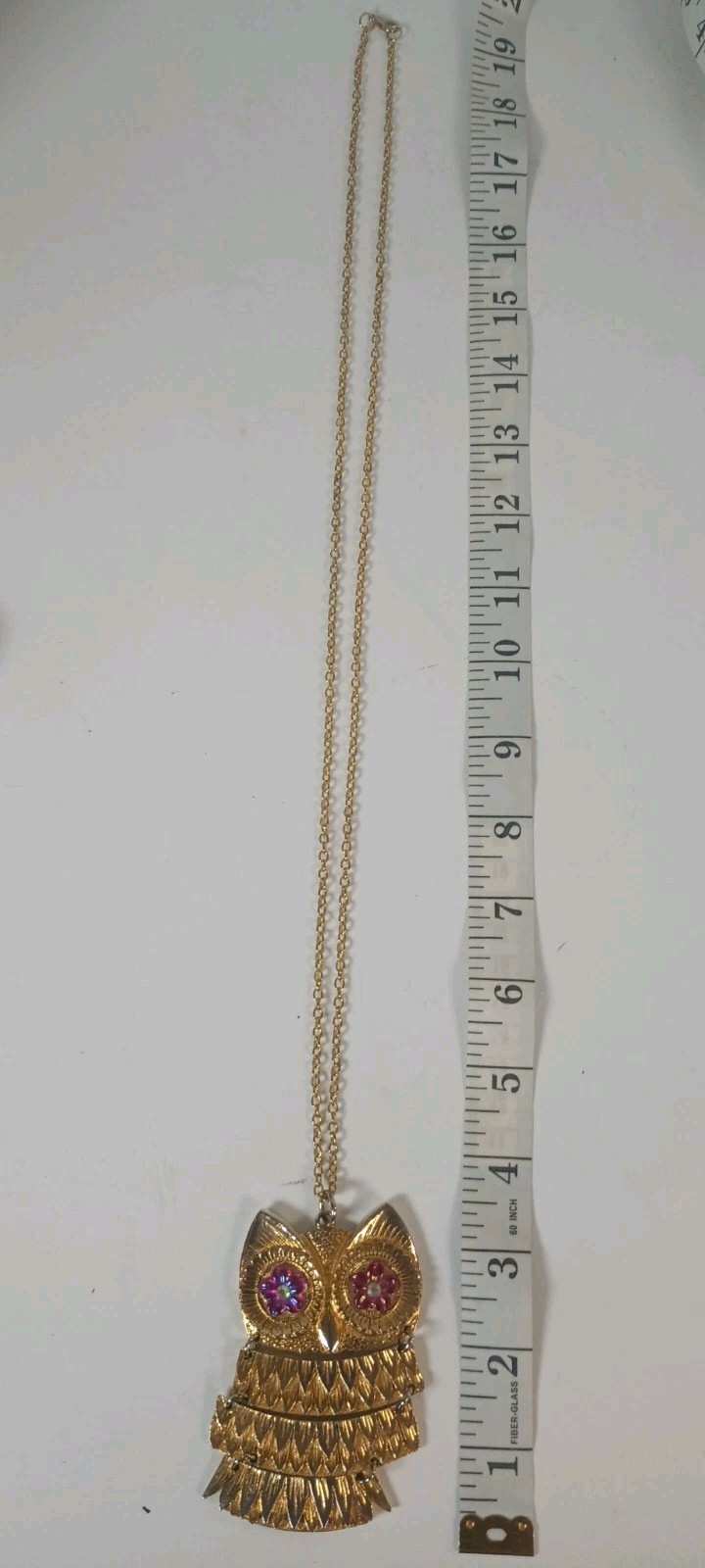 Vintage Articulated Gold Tone Owl Pendant Necklace With Pink Floral Eyes