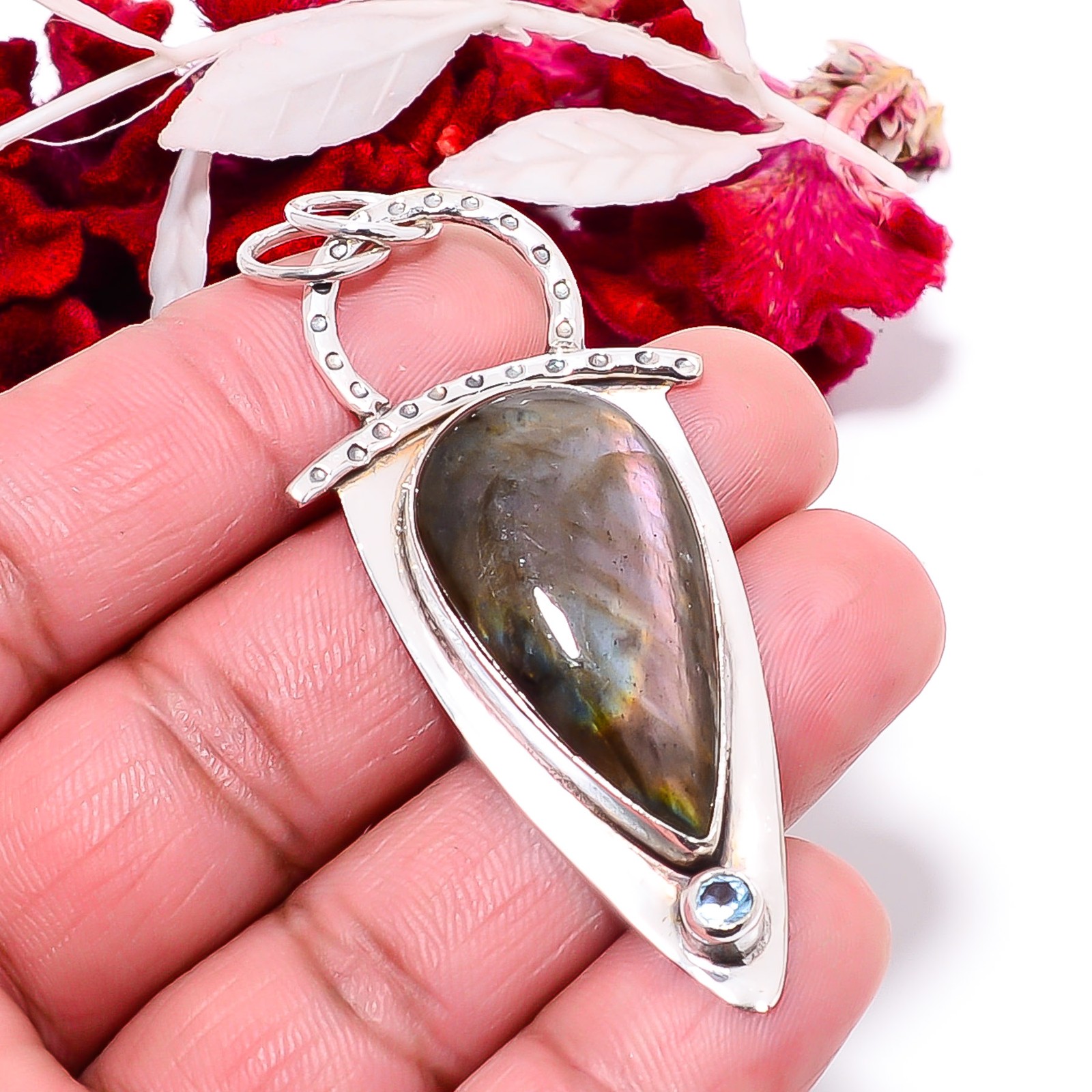Purple Fire Labradorite & Aquamarine 925 Sterling Silver Pendant 2.73″ P84128