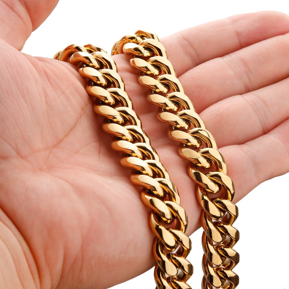 6-14mm Gold Tone Stainless Steel Miami Cuban Link Chain Necklace for Men Women