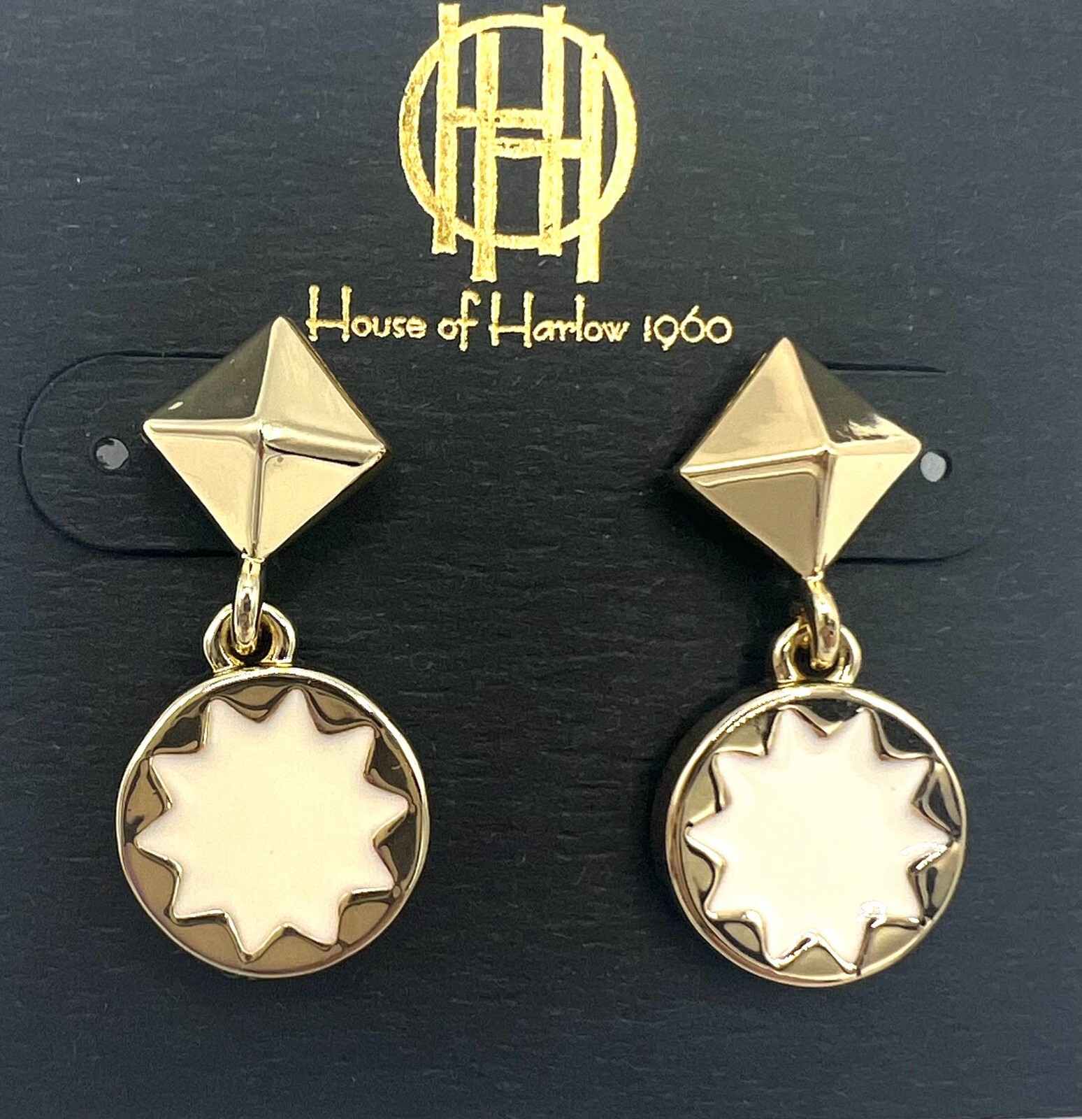 House of Harlow 1960 Gold Tone Enamel White Sunburst Drop Earrings