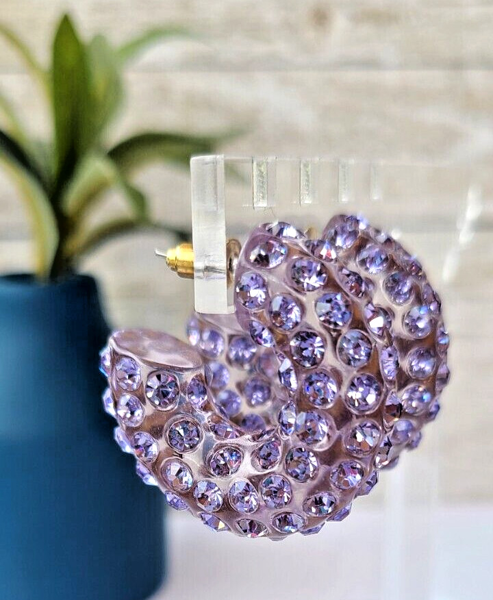 Lavander Boho Statement Chunky Lucite Translucent Rhinestone Paved Hoop Earrings