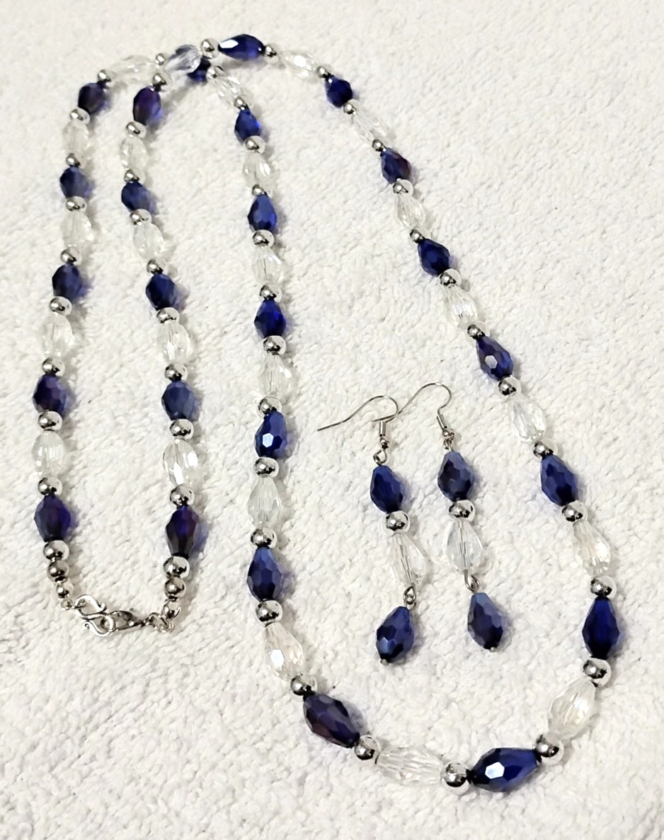 Handcrafted Jewelry 35″ Blue Clear Faceted Glass Teardrops Necklace Earring Set
