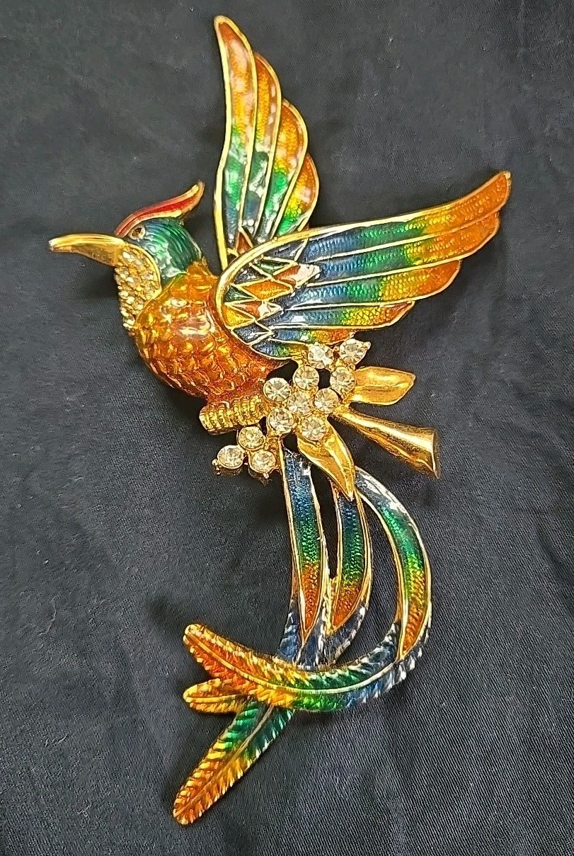 Vintage D’orlan Boucher 6″ Enamel Phoenix Bird Brooch Multicolored, Clear Crysta