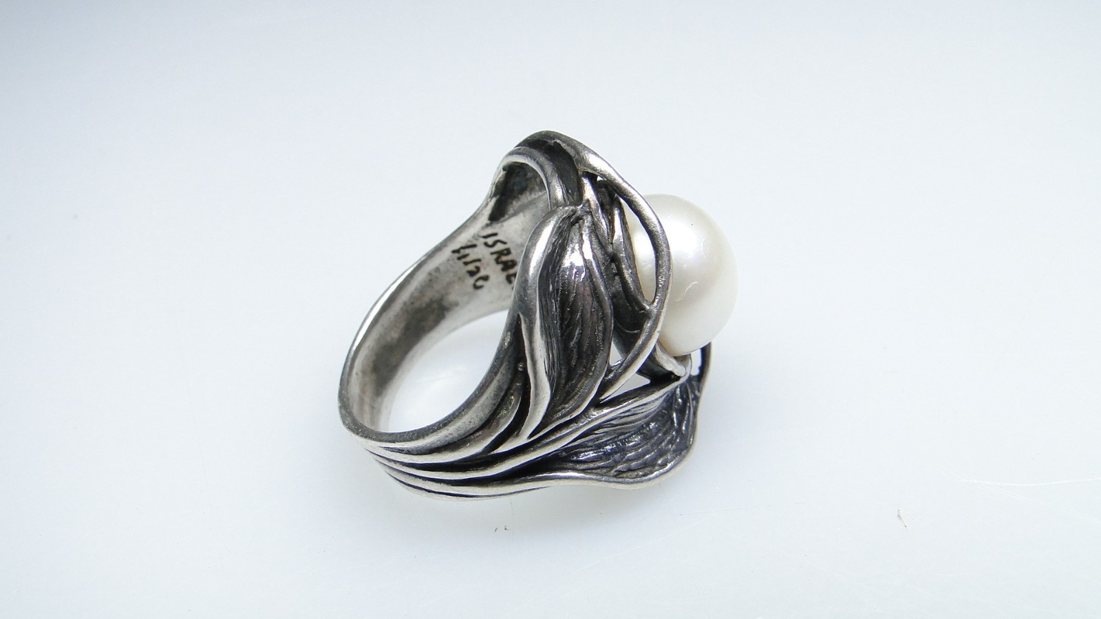 Sterling Brutalist Signed Israel Wide Silver Pearl Ring Size 8 1/2