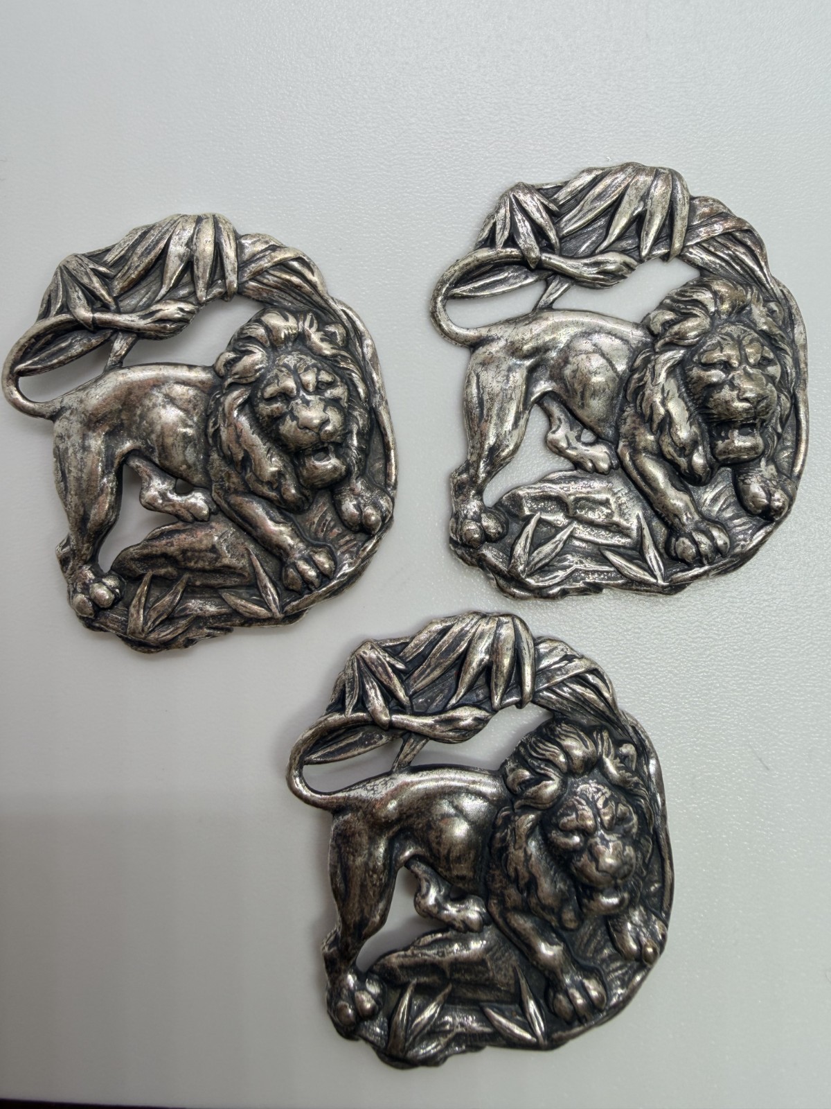 Vintage Silver Coated Brass Jungle Lion Stampings Findings Lot of 3
