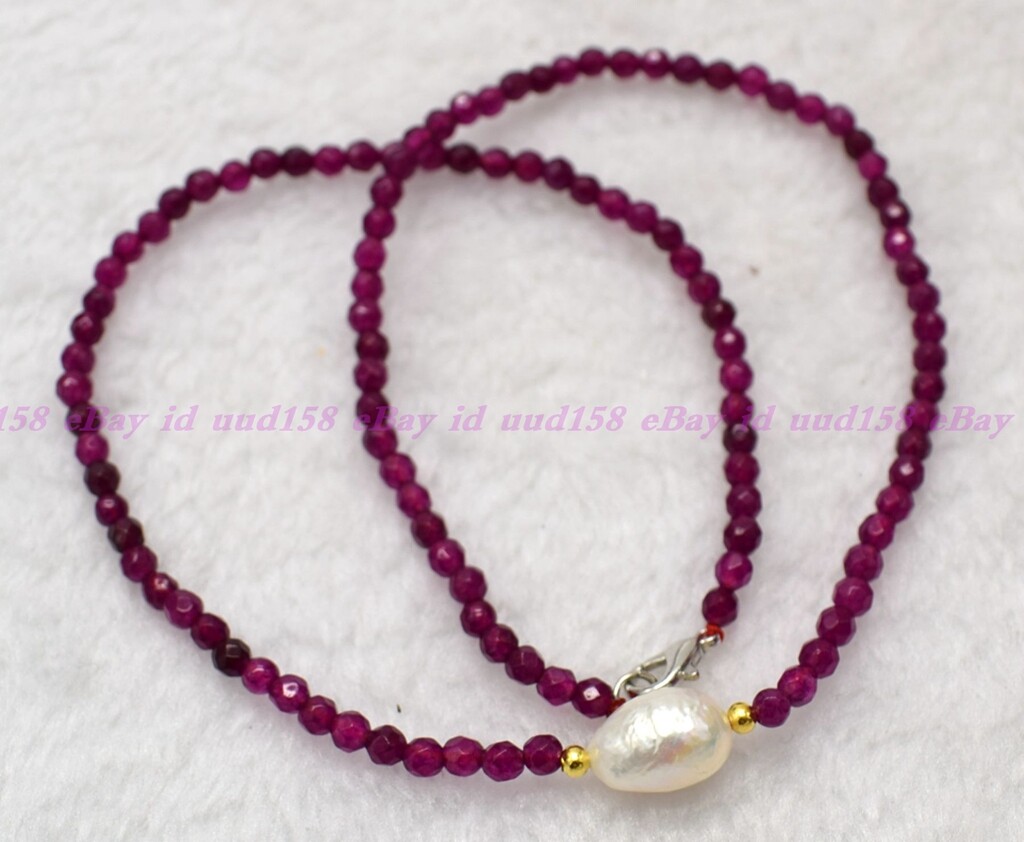 Faceted 4mm Dark Rose Red Jade Roundelle Gems White Pearl Necklace 16-28” AAA