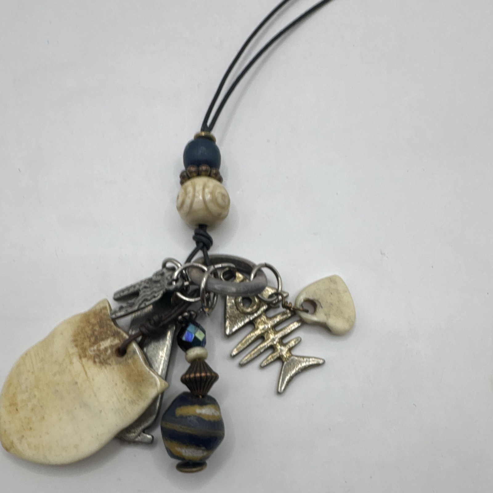 Handcrafted Bohemian Charm Pendant Necklace Ceramic Metal Cord Multicolor