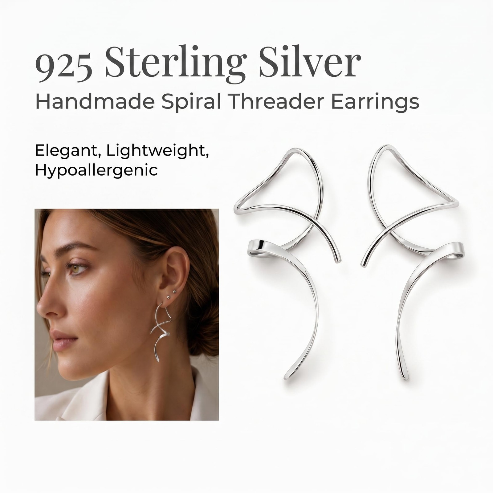 Earrings for Women Spiral threader earrings 925 1.77 inches, 925 silver pair