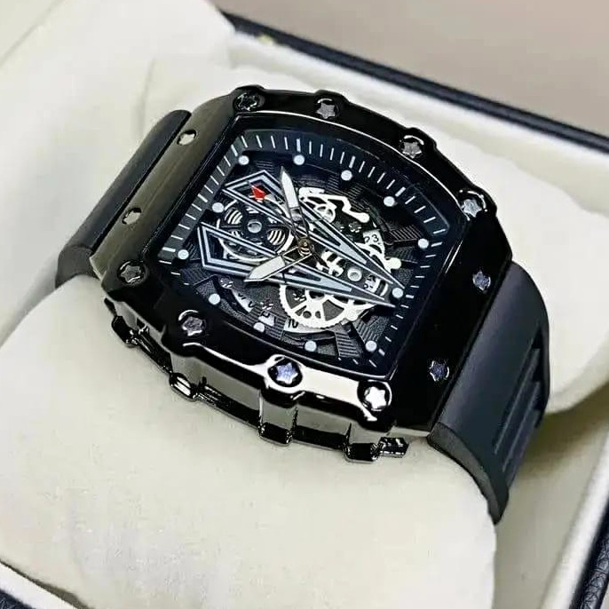 Farray Tonneau Black Skeleton Dial Automatic Watch Rubber Strap Date Box