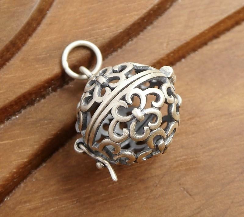Antiqued Sterling Silver Cutout Scroll Small Ball Locket Pendant Aromatherapy