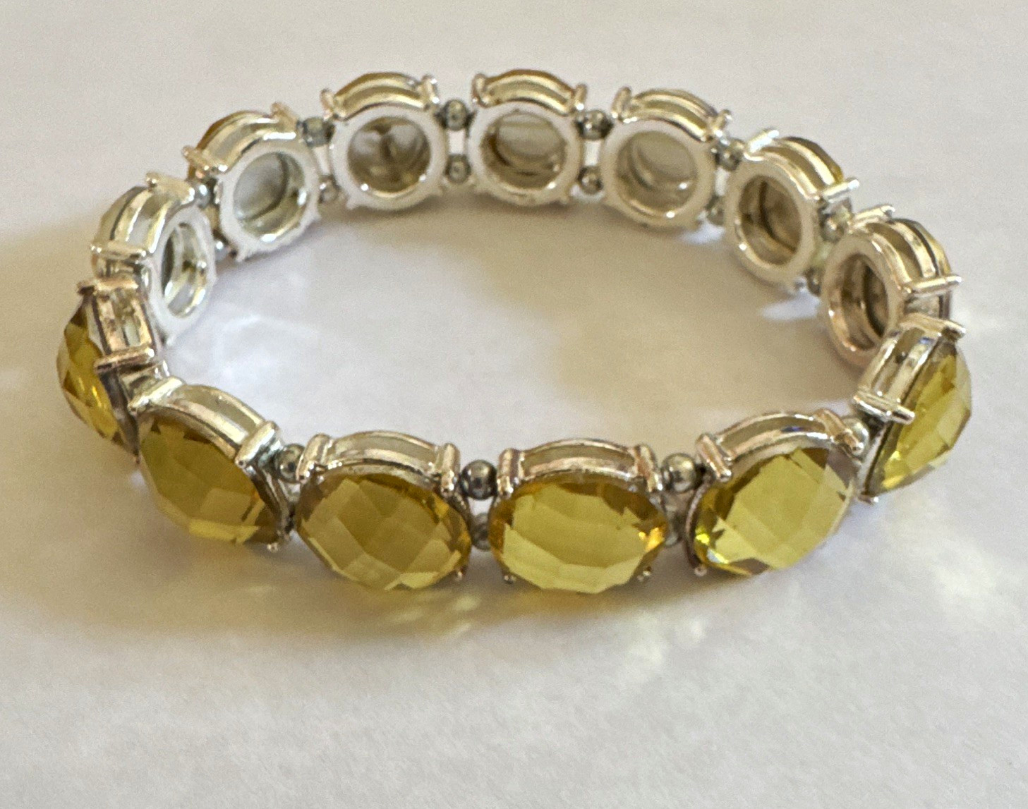 Silver Tone Yellow Faceted Crystal Stretch Bracelet