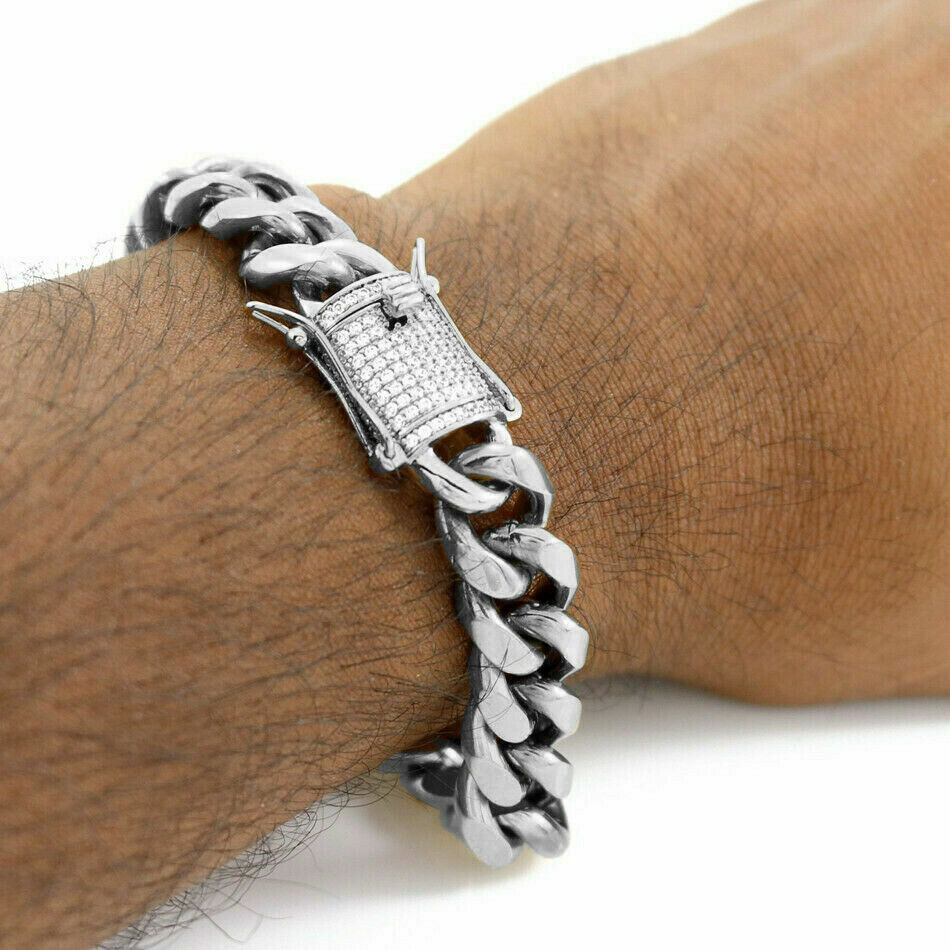 Men 8.5 inch White Gold Plated Stainless Steel Cuban Link Bracelet With CZ Clasp