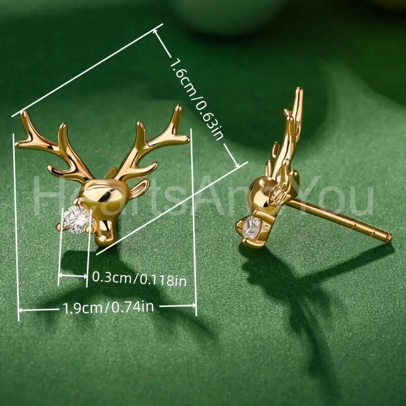 1ct Round Cut Moissanite Stag Reindeer Stud Earrings 14K Yellow Gold Plated