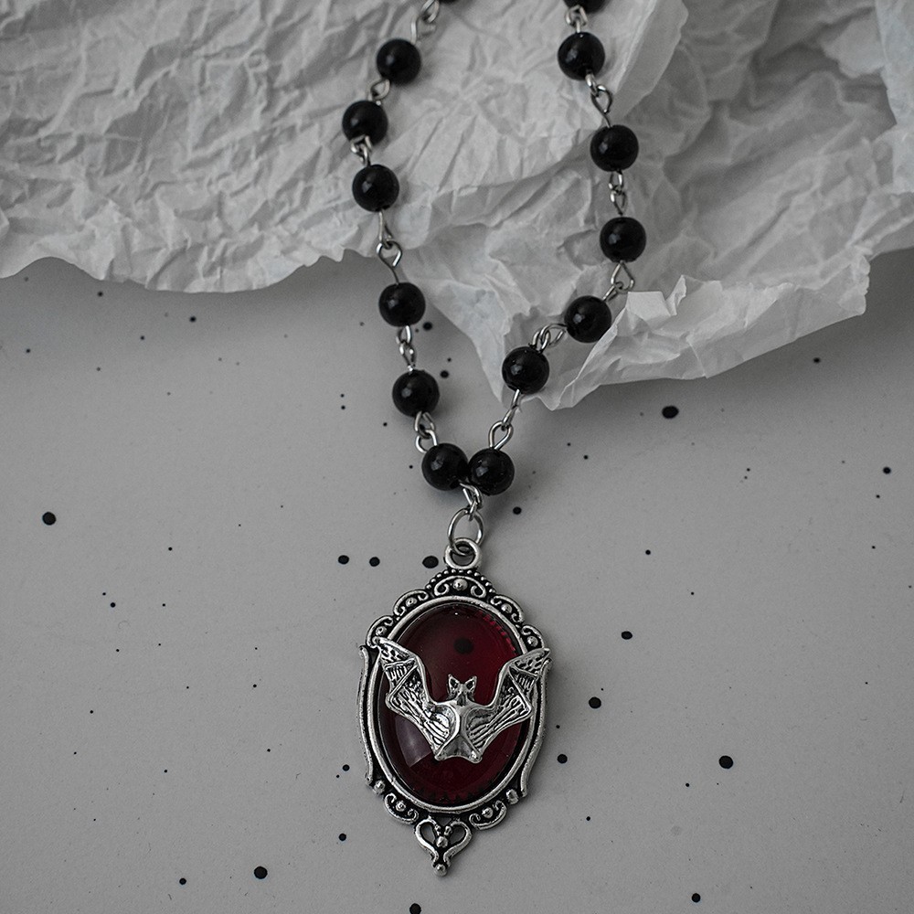 Stainless Steel Red Gothic Religious Cross Tombstone Heart Bat Pendant Necklace