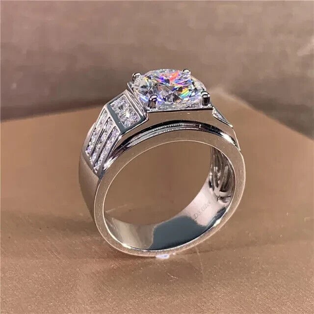 3Ct Round Cut Real Moissanite Men’s Halo Engagement Ring 14K White Gold Plated