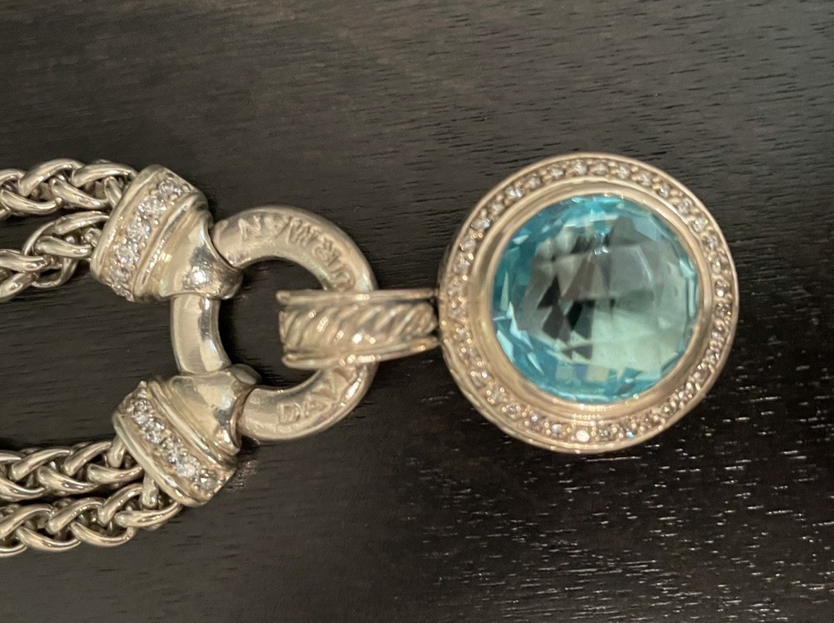 David Yurman Sterling Silver 925 Blue Topaz Diamond Bezel Cable Necklace