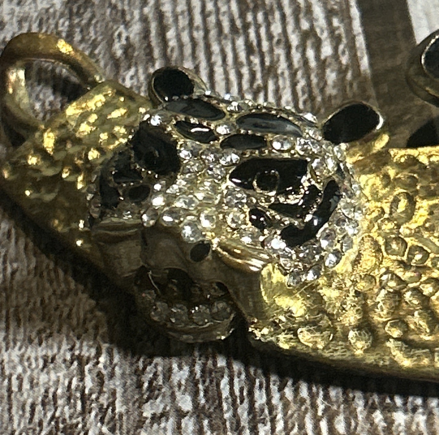 White Tiger Pendant on Hammered Brass with Diamond Rhinestones And Black Enamel