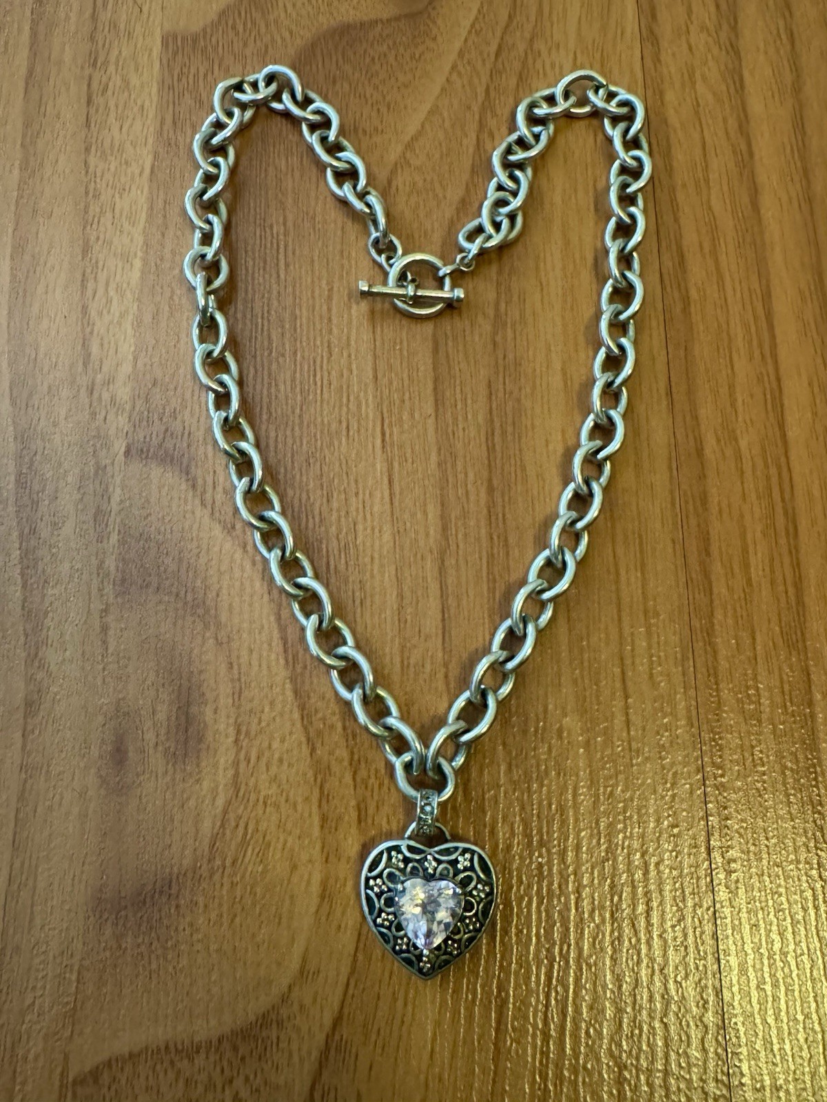 Sadye L. Vassil 14k Gold & 925 Sterling Pink Heart Topaz Toggle Necklace 59grams