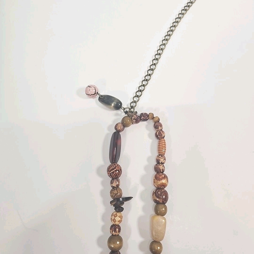 Boho Beaded Necklace Multi Strand Earth Tone Wood Statement 21”