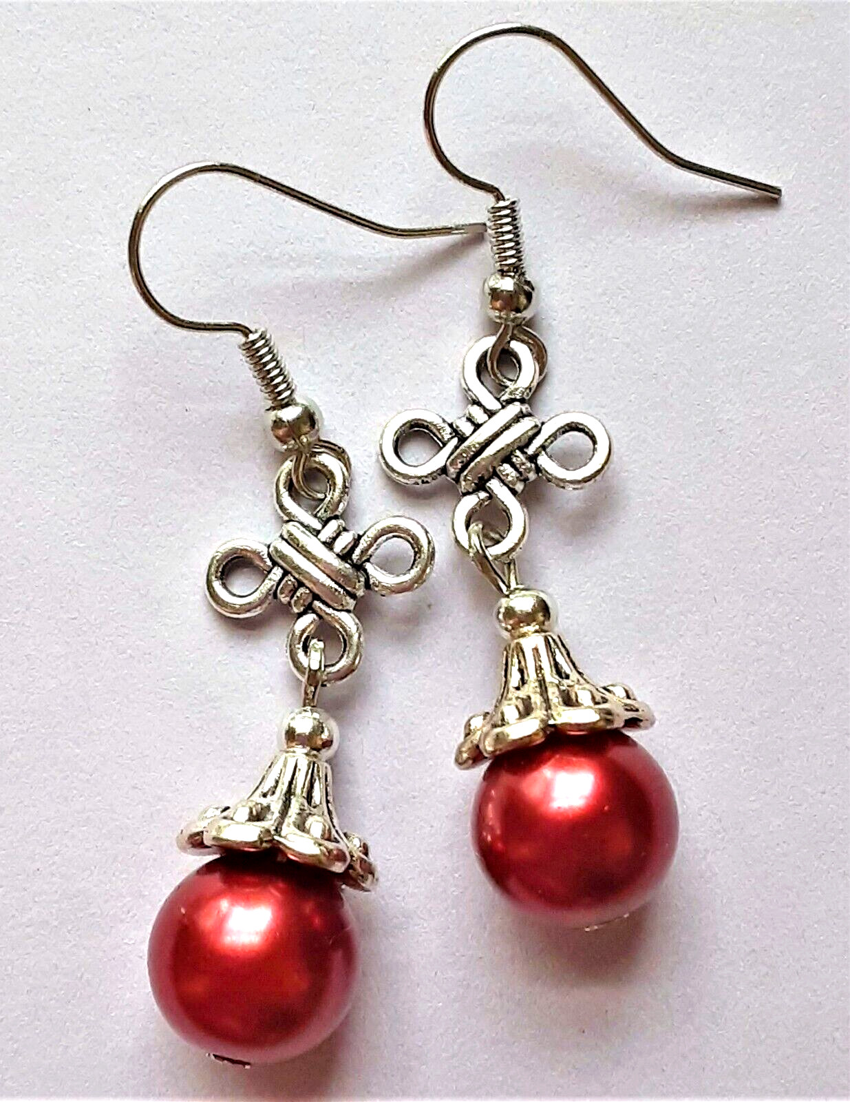 RED CELTIC KNOT GLASS PEARL drop earring SP FISH hook WPGH15