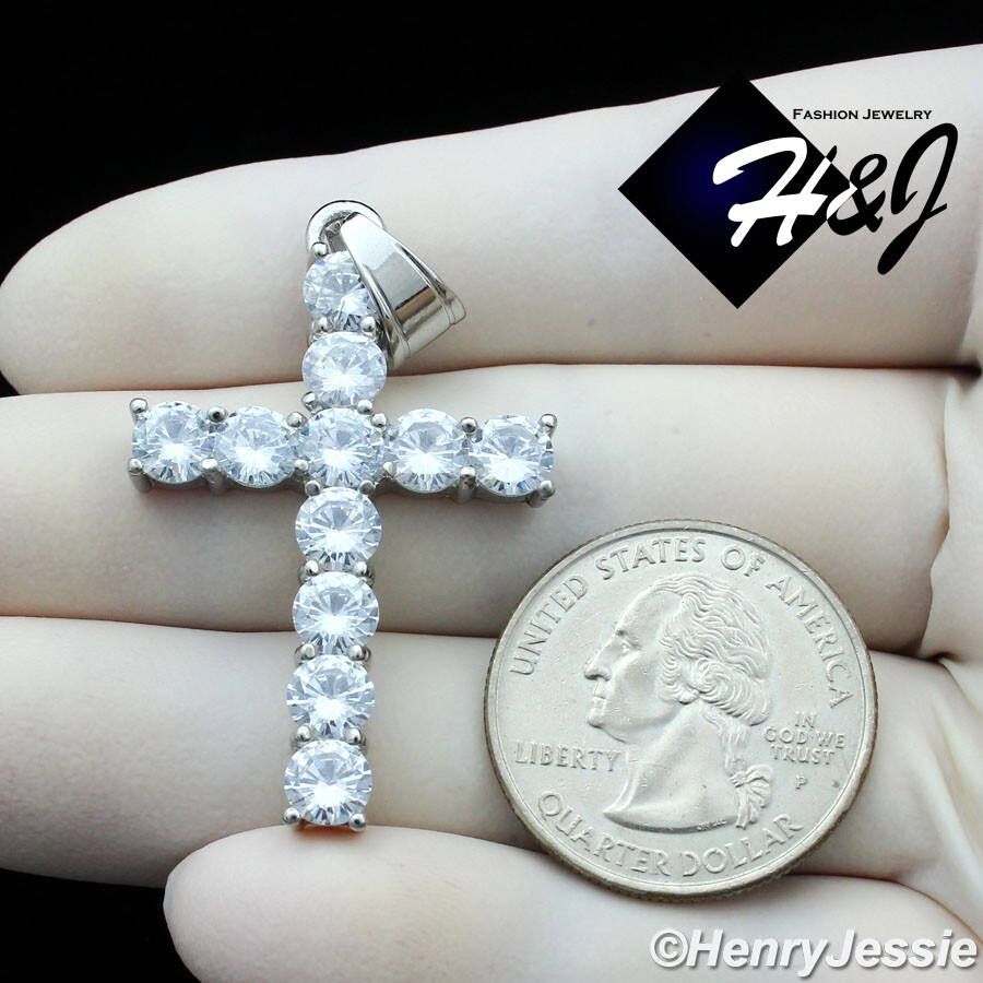 18-36″MEN Stainless Steel 3mm Silver Box Link Necklace ICY CZ Cross Pendant*P127