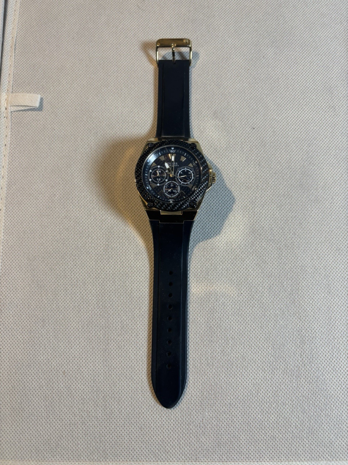 Guess Sport Men’s Black Gold Quartz Watch Silicone Band Day Date WR 30M