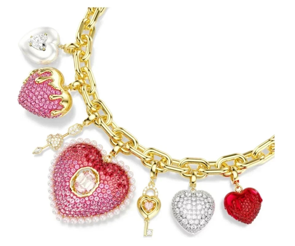 Swarovski Idyllia necklace Mixed cuts, Heart, Key, Multicolored Gold-tone plated