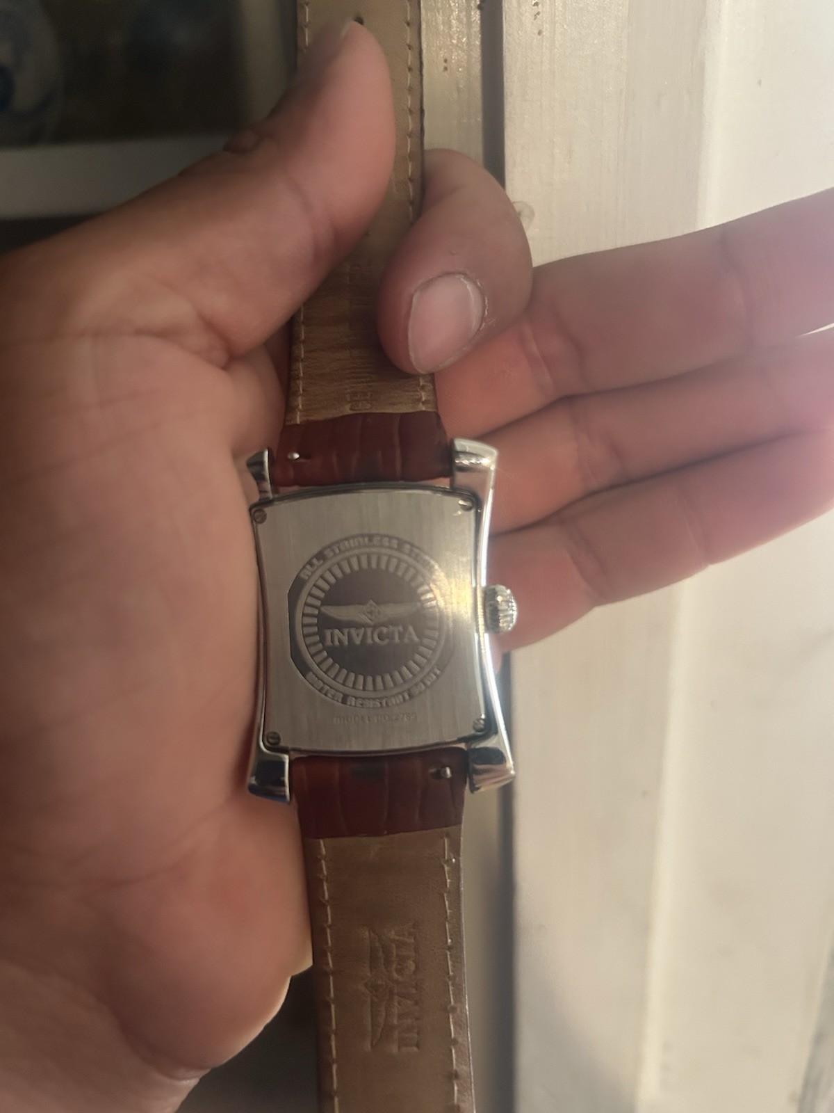 Invicta Rectangle Quartz Dress Watch White Dial Roman Numerals Brown Leather