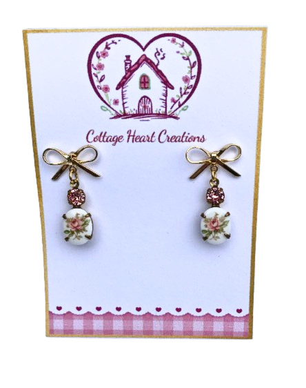 Vintage Style 18K Gold Plated Rose Bow Austrian Crystal Dangle Earrings Romantic