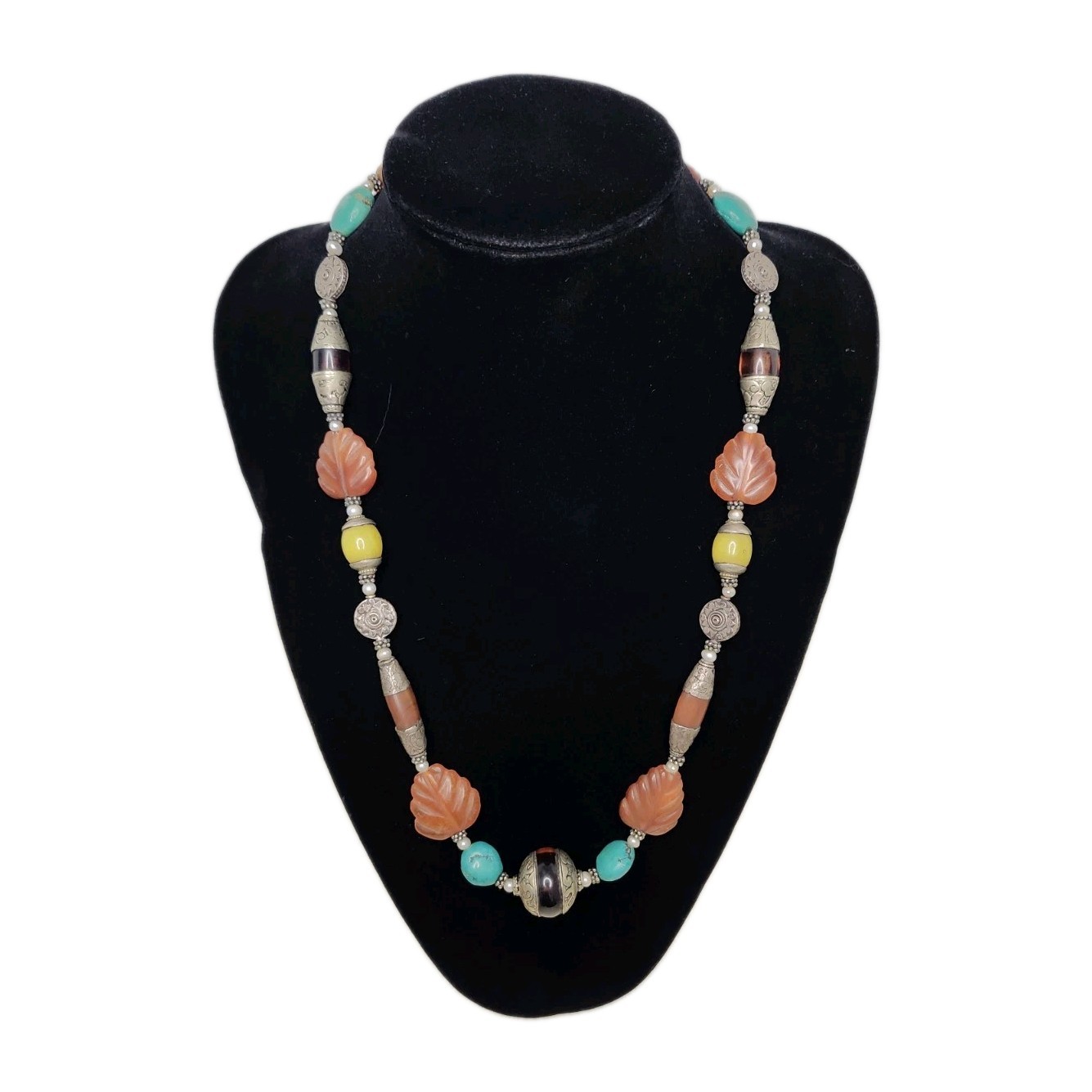Vintage Tibetan Himalayan Tribal Beaded Statement Necklace Carnelian Turquoise