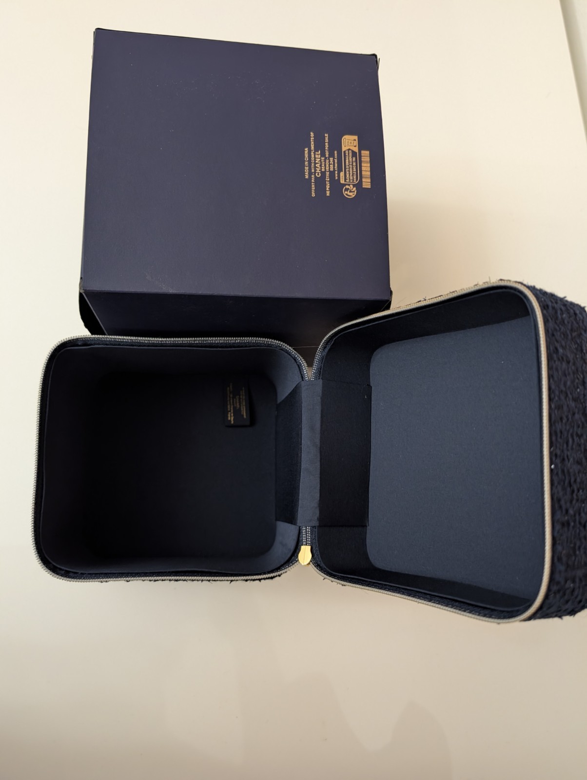 CHANEL Blue Fabric Square Jewelry Box 4x4x4 Lined Zipper w/ Gift Box