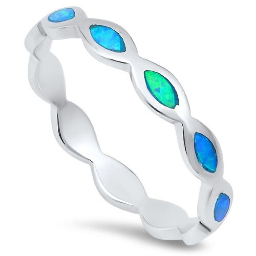 Eternity Blue Lab Opal Stackable Ring Sterling Silver Thumb Band NEW